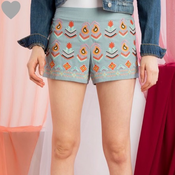 THML Pants - Light Turquoise Seafoam Embroidered Shorts